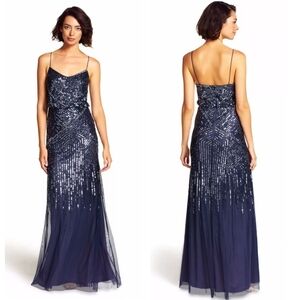 Adrianna Papell Midnight Blue Sequin Embellished Blouson Gown Size 0